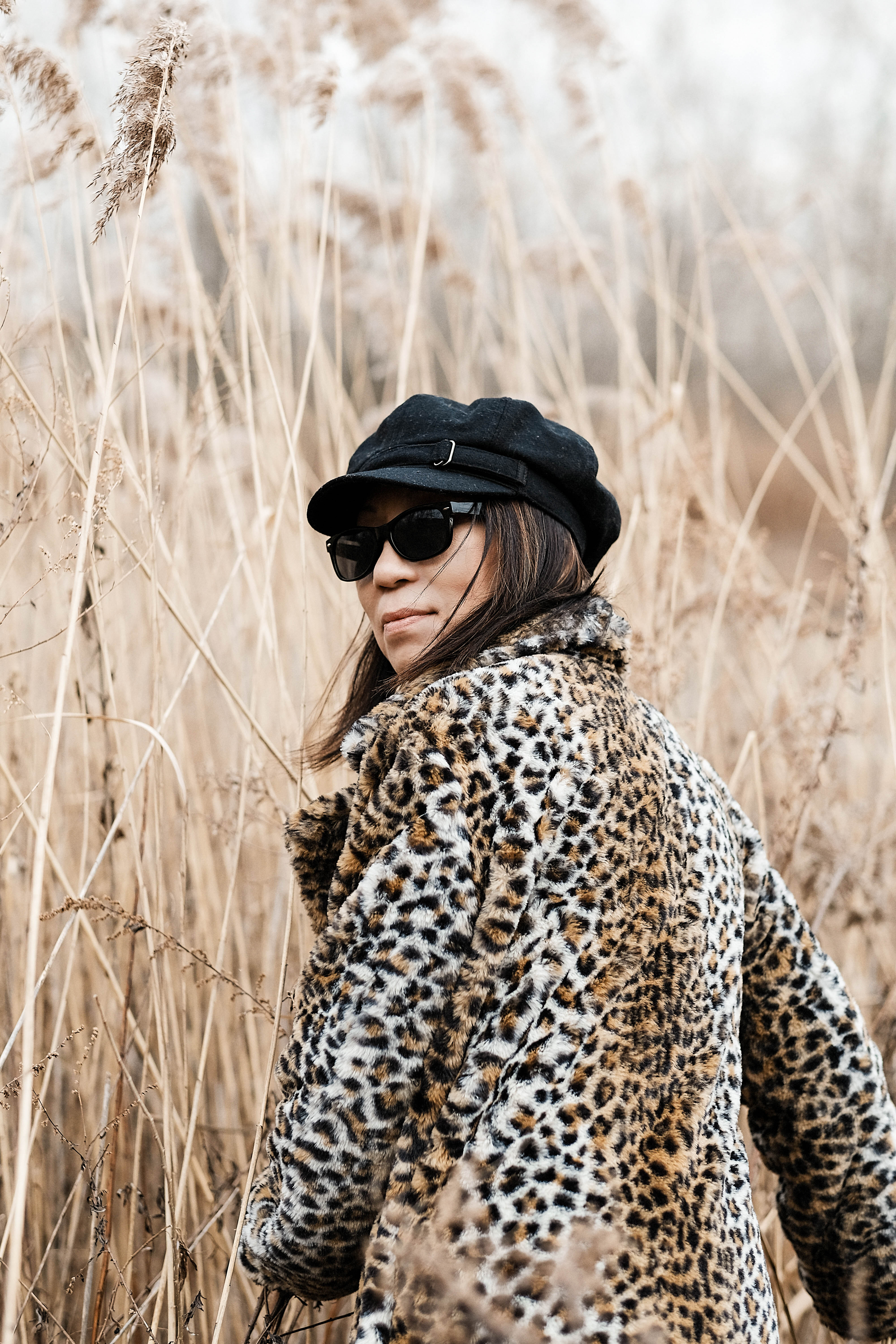 color portrait, cool girl, fashionable women, girl posing, girl wearing hat and sunglasses, girl wearing sunglasses, harry schumacher, harryschuphotography, hfsphotos, leopard coat, outdoor portrait, posing portrait, pretty asian girl, schumacher photographs, stylish girl